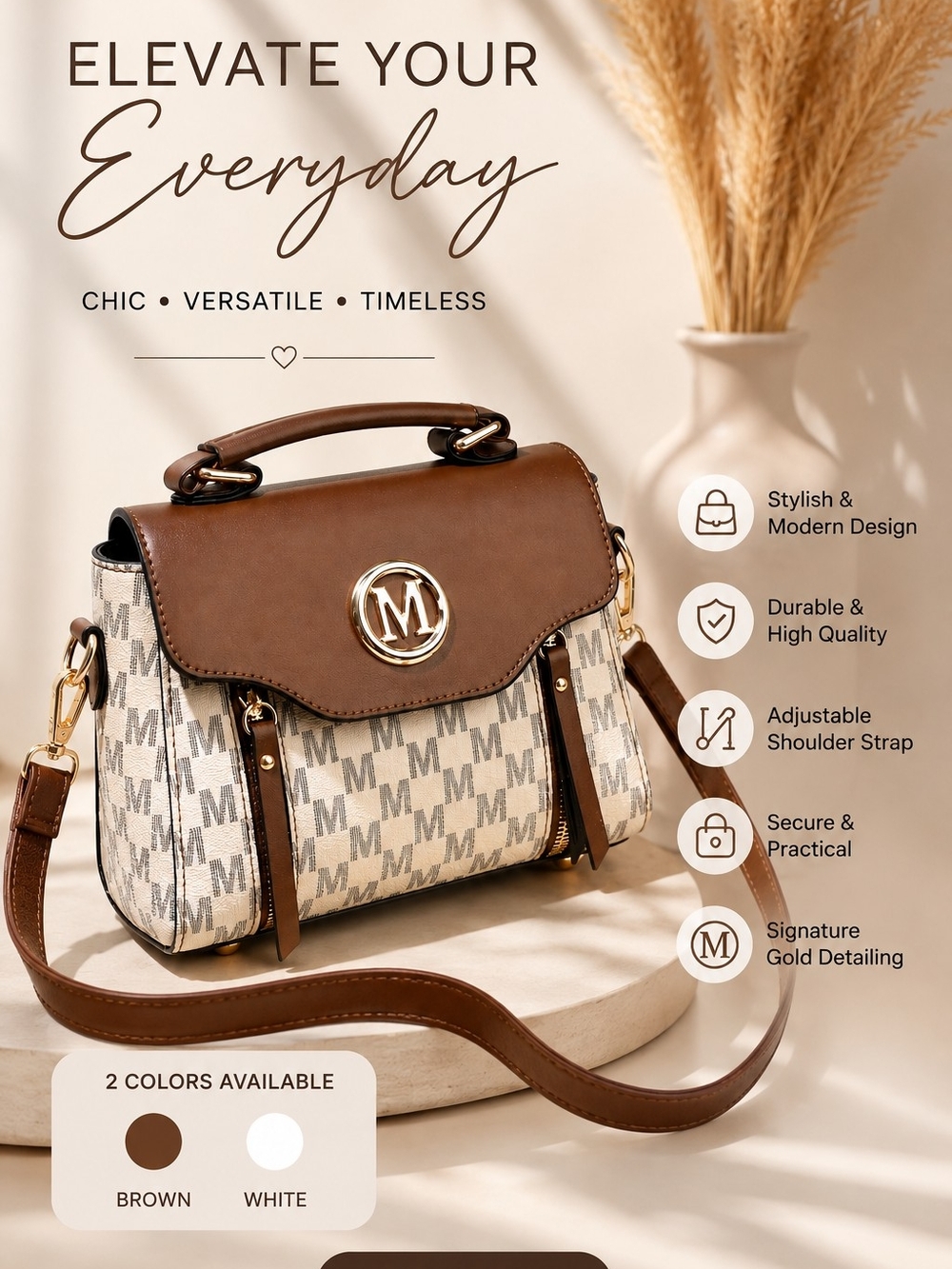 Monogram Accent Brown Satchel Handbag